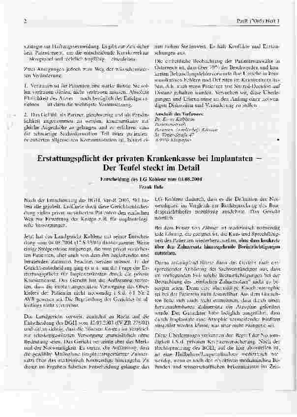 Vorschauseite 1: Erstattungspflicht der privaten Krankenkasse bei ImplantatenDer Teufel steckt im DetailEntscheidung des LG Koblenz vom 04. 08. 2004