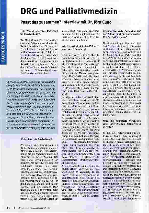 Vorschauseite 1: DRG und Palliativmedizin Passt das zusammen? Interview mit Dr. Jörg Cuno