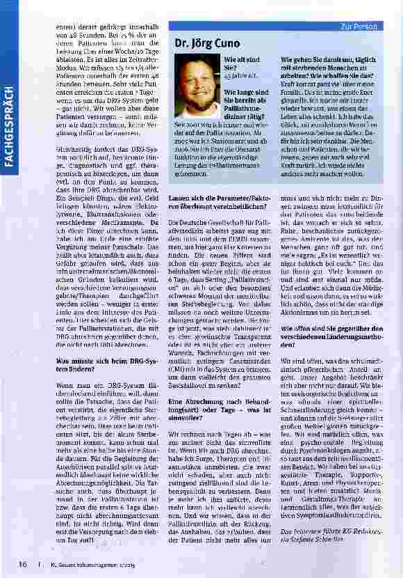 Vorschauseite 3: DRG und Palliativmedizin Passt das zusammen? Interview mit Dr. Jörg Cuno