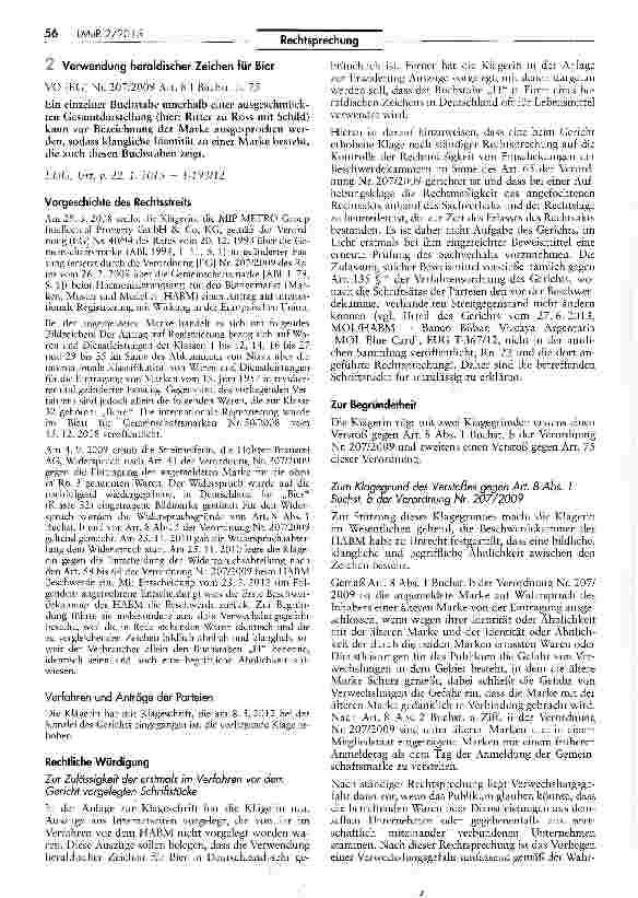 Vorschauseite 1: Verwendung heraldischer Zeichen für Bier VO (EG) Nr. 207/2009 Art. 8 I Buchst, b, 75