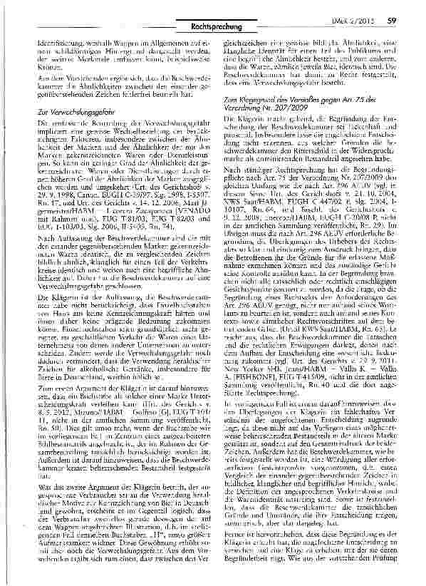 Vorschauseite 4: Verwendung heraldischer Zeichen für Bier VO (EG) Nr. 207/2009 Art. 8 I Buchst, b, 75