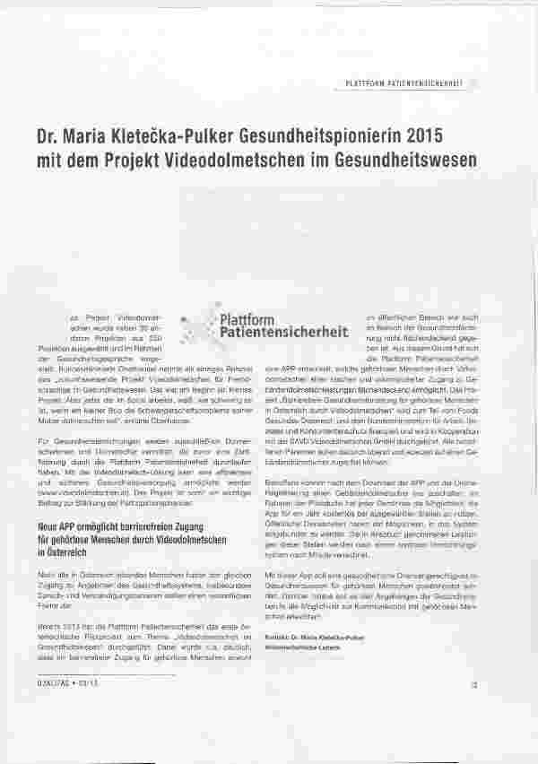 Vorschauseite 1: Dr. Maria Kletecka-Pulker Gesundheitspionierin 2015 mit dem Projekt Videodolmetschen im Gesundheitswesen