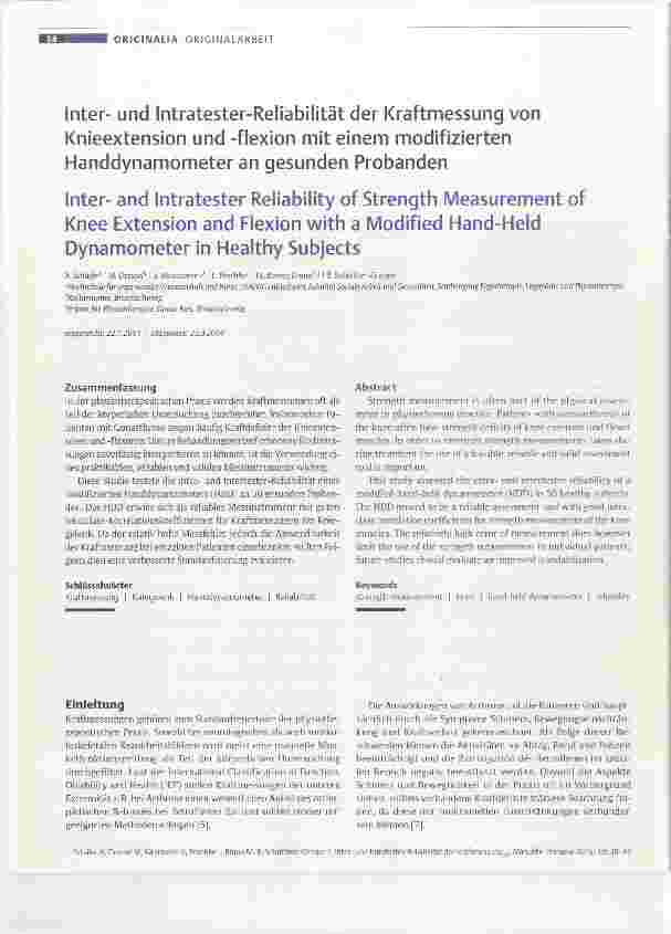 Vorschauseite 1: Interund Intratester-Reliabilität der Kraftmessung von Knieextension und -flexion mit einem modifizierten Handdynamometer an gesunden Probanden