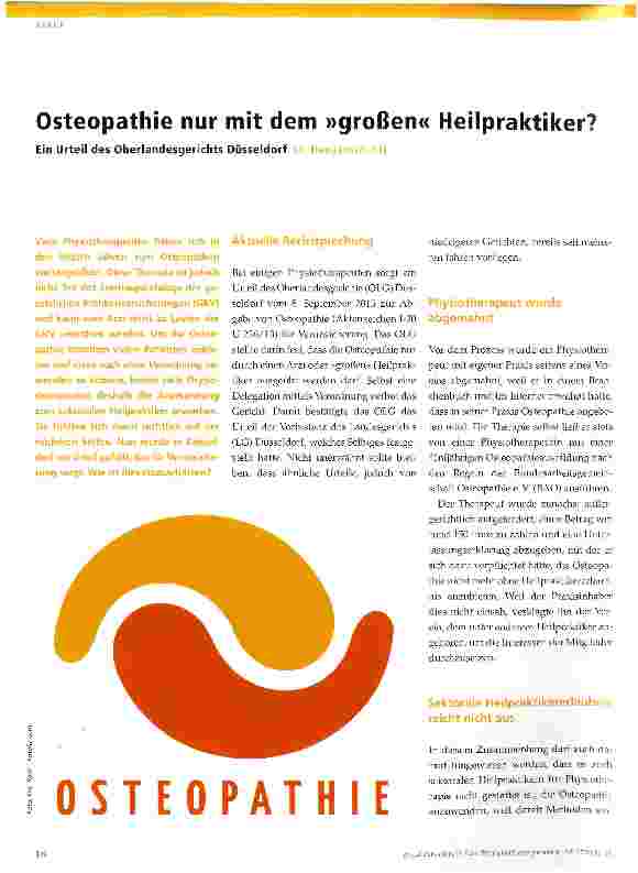 Vorschauseite 1: Osteopathie nur mit dem »großen« Heilpraktiker? Ein Urteil des Oberlandesgerichts Düsseldorf