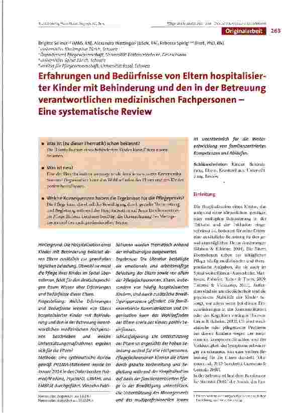 Vorschauseite 1: Erfahrungen und Bedürfnisse von Eltern hospitalisierter Kinder mit Behinderung und den in der Betreuung verantwortlichen medizinischen Fachpersonen -Eine systematische Review