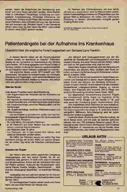 Vorschauseite 1: Patientenängste bei der Aufnahme ins Krankenhaus Übersicht über eine englische Forschungsarbeit
