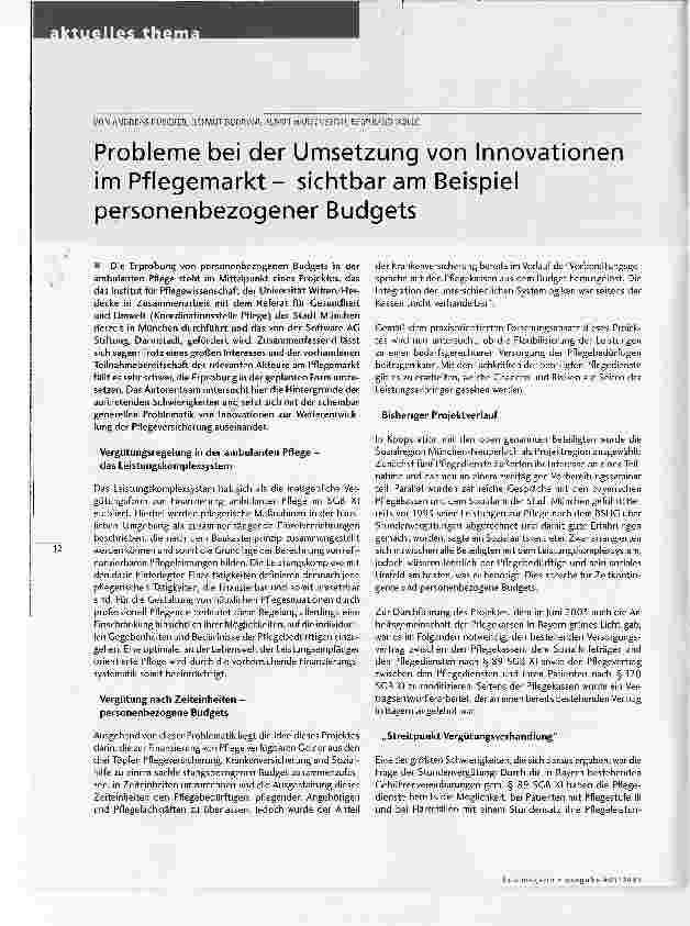 Vorschauseite 1: Probleme bei der Umsetzung von Innovationen im Pflegemarktsichtbar am Beispiel personenbezogener Budgets