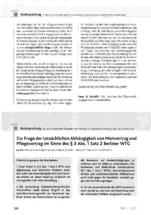 Vorschauseite 1: Zur Frage der tatsächlichen Abhängigkeit von Mietvertrag und Pflegevertrag im Sinne des § 3 Abs. 1 Satz 2 Berliner WTC Berliner WTG § 1 Abs. 1 Satz 1, § 2 Abs. 1 Satz 2, § 3 Abs.…