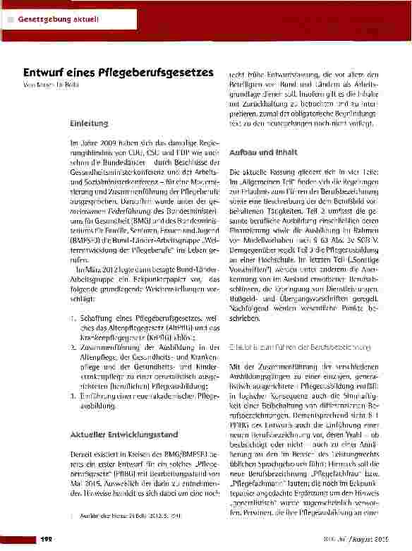 Vorschauseite 1: Entwurf eines Pflegeberufsgesetzes