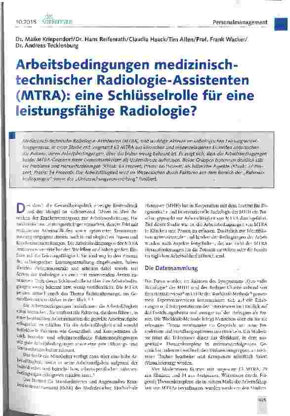 Vorschauseite 1: Arbeitsbedingungen medizinisch-technischer Radiologie-Assistenten (MTRA): eine Schlüsselrolle für eine leistungsfähige Radiologie?