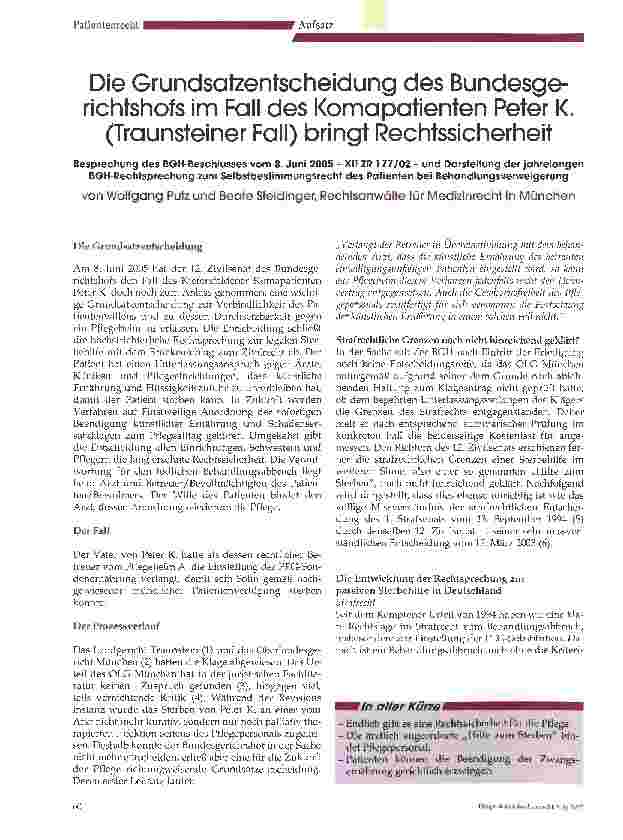 Vorschauseite 1: Die Grundsatzentscheidung des Bundesgerichtshofs im Fall des Komapatienten Peter K. (Traunsteiner Fall) bringt Rechtssicherheit