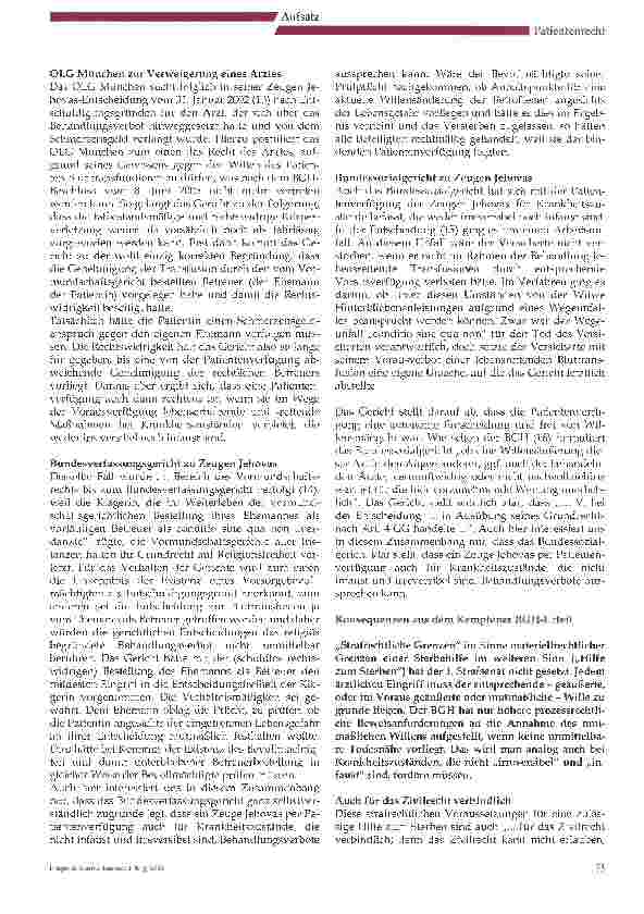 Vorschauseite 4: Die Grundsatzentscheidung des Bundesgerichtshofs im Fall des Komapatienten Peter K. (Traunsteiner Fall) bringt Rechtssicherheit