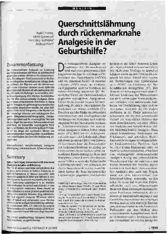 Vorschauseite 1: Querschnittslähmung durch rückenmarknahe Analgesie in der Geburtshilfe?