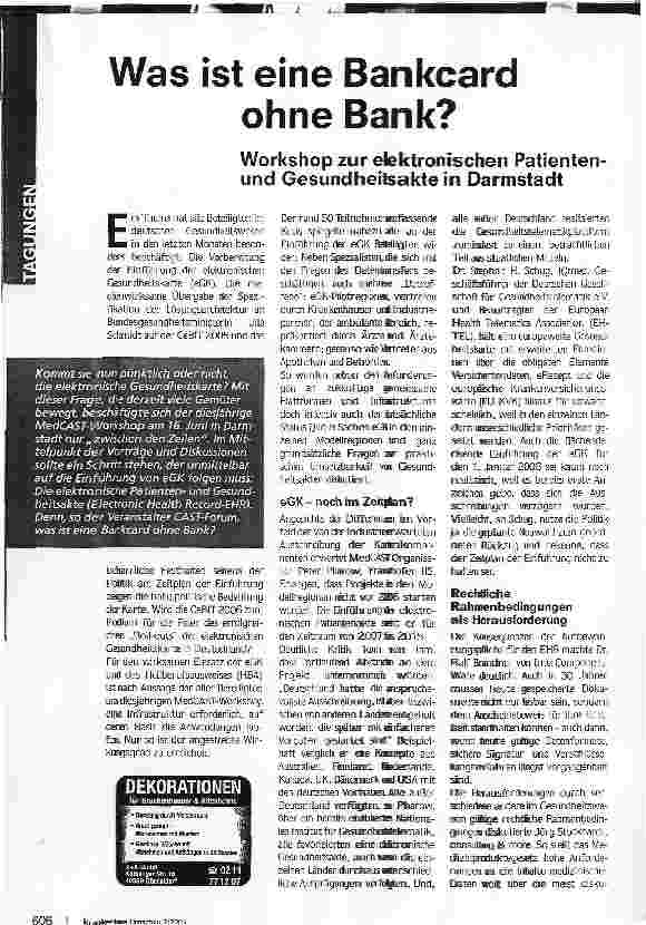 Vorschauseite 1: Was ist eine Bankcard ohne Bank? Workshop zur elektronischen Patienten und Gesundheitsakte in Darmstadt