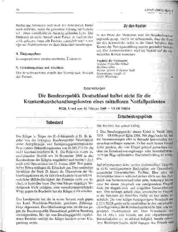 Vorschauseite 1: Die Bundesrepublik Deutschland haftet nicht für die Krankenhausbehandlungskosten eines mittellosen NotfallpatientenBGH, Urteil vom 10. Februar 2005 - III ZR 330/04