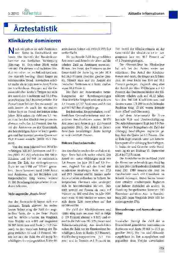 Vorschauseite 1: Ärztestatistik Klinikärzte dominieren