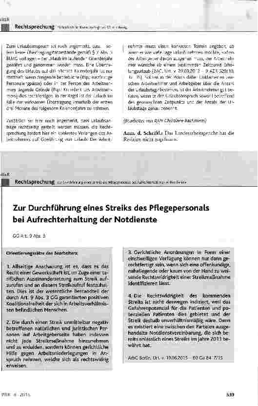 Vorschauseite 1: Zur Durchführung eines Streiks des Pflegepersonals bei Aufrechterhaltung der NotdiensteGG Art. 9 Abs. 3