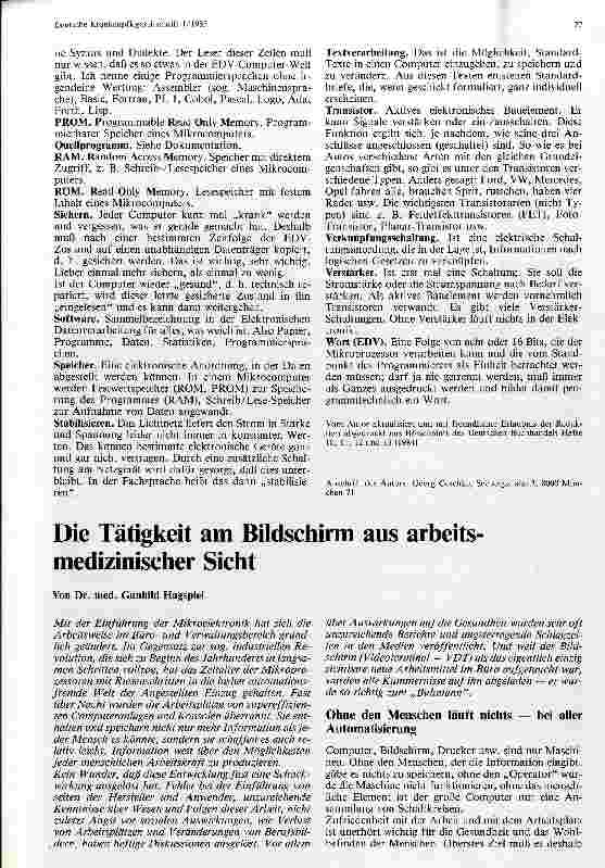 Vorschauseite 1: Die Tätigkeit am Bildschirm aus arbeitsmedizinischer Sicht
