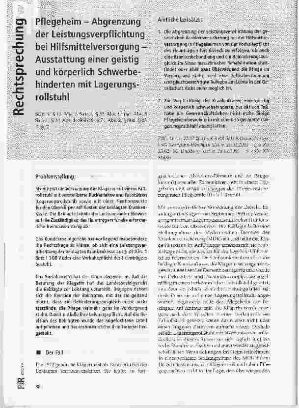 Vorschauseite 1: Pflegeheim - Abgrenzung der Leistungsverpflichtung bei Hilfsmittelversorgung -Ausstattung einer geistig und körperlich Schwerbehinderten mit Lagerungsrollstuhl