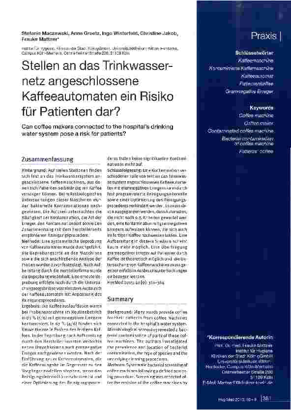 Vorschauseite 1: Stellen an das Trinkwassernetz angeschlossene Kaffeeautomaten ein Risiko für Patienten dar?