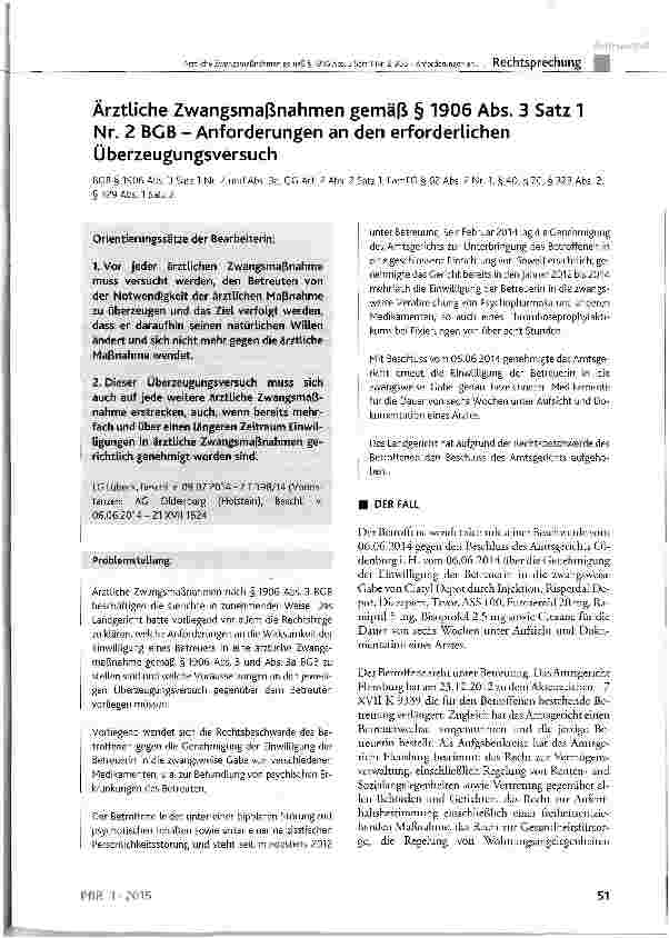 Vorschauseite 1: Ärztliche Zwangsmaßnahmen gemäß § 1906 Abs. 3 Satz 1 Nr. 2 BGB - Anforderungen an den erforderlichen Überzeugungsversuch