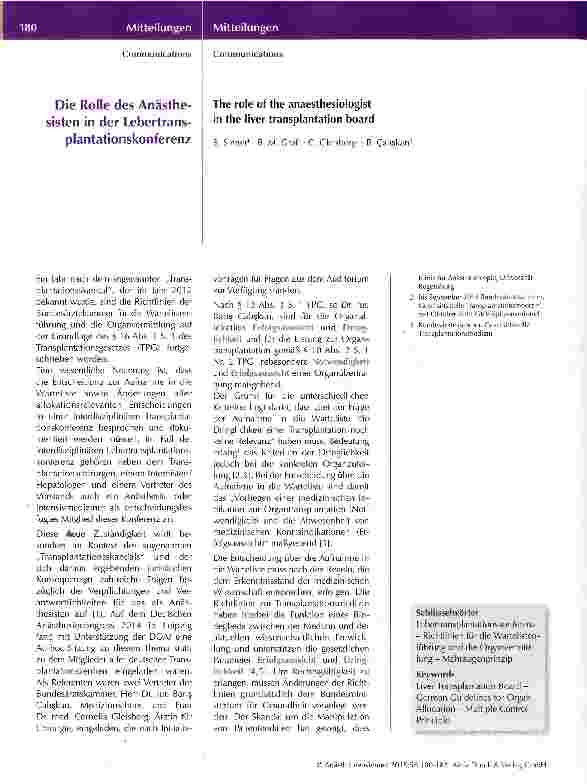 Vorschauseite 1: Die Rolle des Anästhesisten in der Lebertransplantationskonferenz