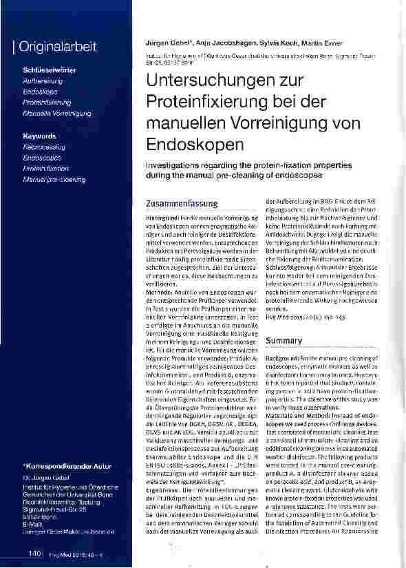 Vorschauseite 1: Untersuchungen zur Proteinfixierung bei der manuellen Vorreinigung von Endoskopen