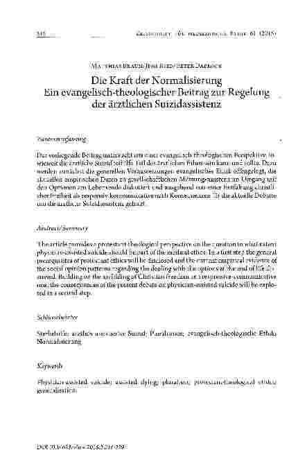 Vorschauseite 1: Die Kraft der Normalisierung Ein evangelisch-theologischer Beitrag zur Regelungder ärztlichen Suizidassistenz