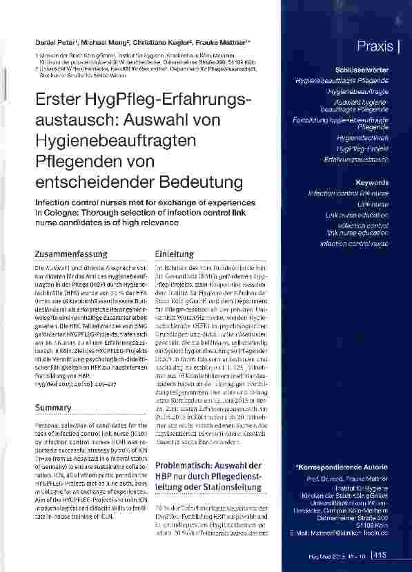 Vorschauseite 1: Erster HygPfleg-Erfahrungs-austausch: Auswahl von Hygienebeauftragten Pflegenden von entscheidender Bedeutung