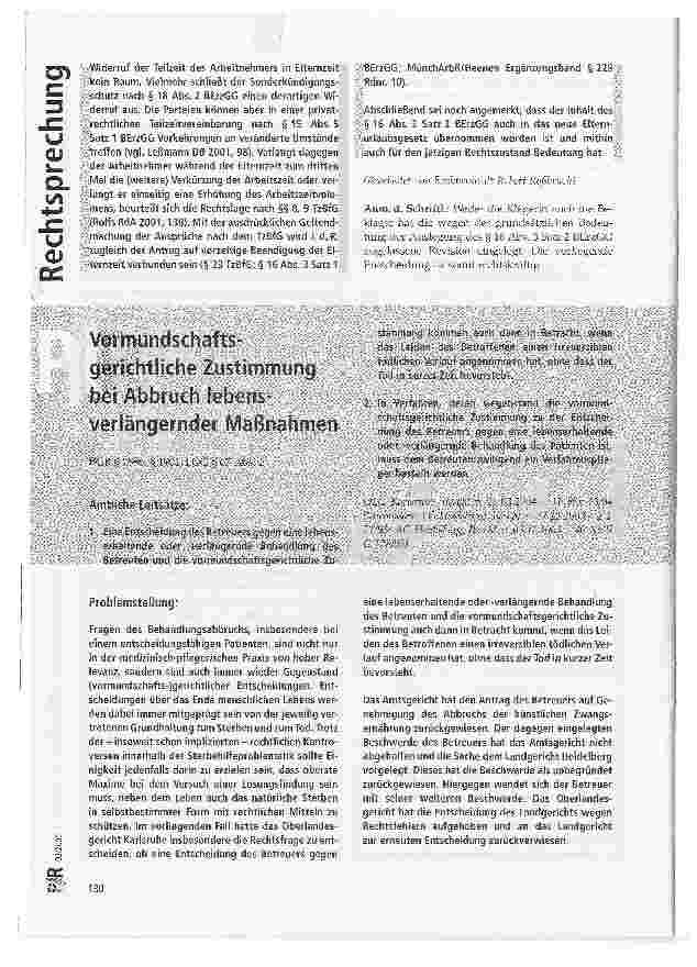 Vorschauseite 1: Vormundschaftsgerichtliche Zustimmung bei Abbruch lebensverlängernder Maßnahmen