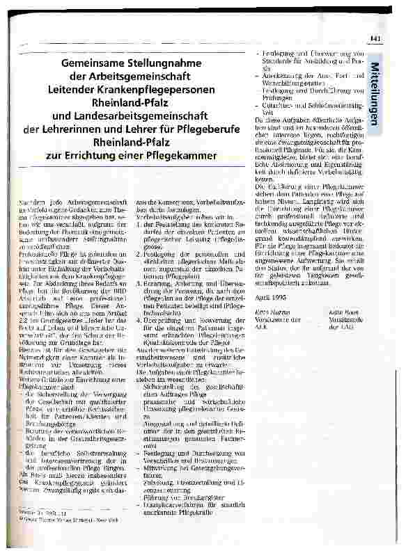 Vorschauseite 1: Gemeinsame Stellungnahme der Arbeitsgemeinschaft Leitender Krankenpflegepersonen Rheinland-Pfalz und Landesarbeitsgemeinschaft der Lehrerinnen und Lehrer für Pflegeberufe Rheinlan…