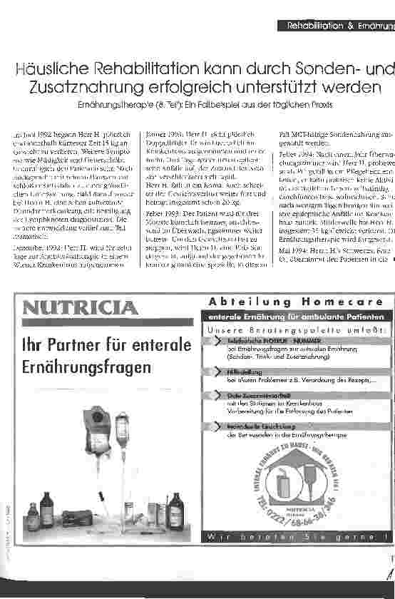 Vorschauseite 1: Häusliche Rehabilitation kann durch Sondenund Zusatznahrung erfolgreich unterstützt werden Ernährungstherapie 8. Teil: Ein Fallbeispiel aus der täglichen Praxis
