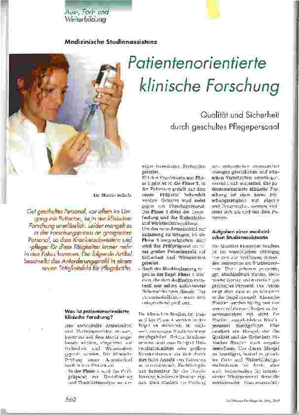 Vorschauseite 1: Patientenorientierte klinische ForschungQualität und Sicherheit durch geschultes Pflegepersonal