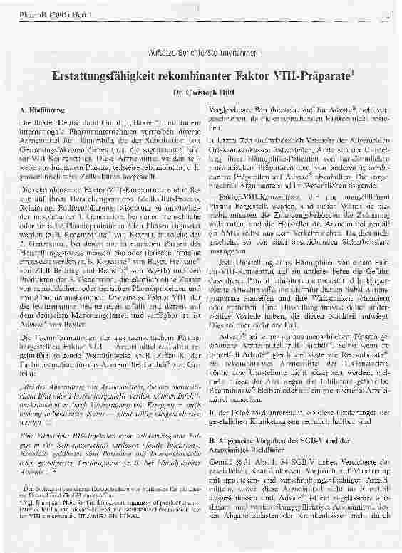 Vorschauseite 1: Erstattungsfähigkeit rekombinanter Faktor VIII-Präparate