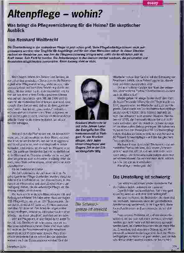 Vorschauseite 1: Altenpflege - wohin? Was bringt die Pflegeversicherung für die Heime? Ein skeptischer Ausblick