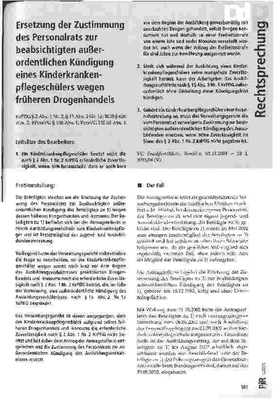 Vorschauseite 1: Ersetzung der Zustimmung des Personalrats zur beabsichtigten außerordentlichen Kündigung eines Kinderkrankenpflegeschülers wegen früheren Drogenhandels