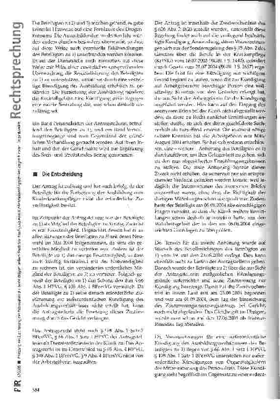Vorschauseite 4: Ersetzung der Zustimmung des Personalrats zur beabsichtigten außerordentlichen Kündigung eines Kinderkrankenpflegeschülers wegen früheren Drogenhandels