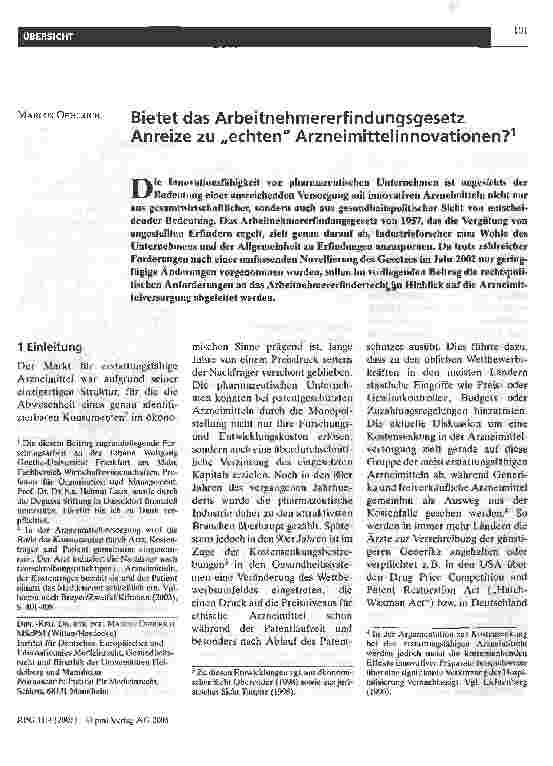Vorschauseite 1: Bietet das Arbeitnehmererfindungsgesetz Anreize zu echten Arzneimittelinnovationen?