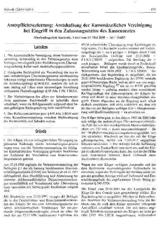 Vorschauseite 1: Amtspflichtverletzung: Amtshaftung der Kassenärztlichen Vereinigung bei Eingriff in den Zulassungsstatus des Kassenarztes