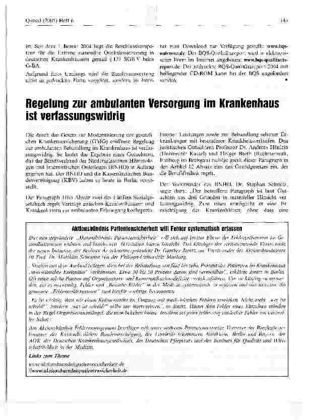 Vorschauseite 1: Regelung zur ambulanten Versorgung im Krankenhaus ist verfassungswidrig