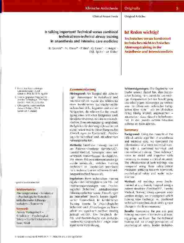 Vorschauseite 1: Ist Reden wichtig? Technisches versus kombiniert technisches/nicht-technisches Atemwegstraining in der Anästhesie und Intensivmedizin