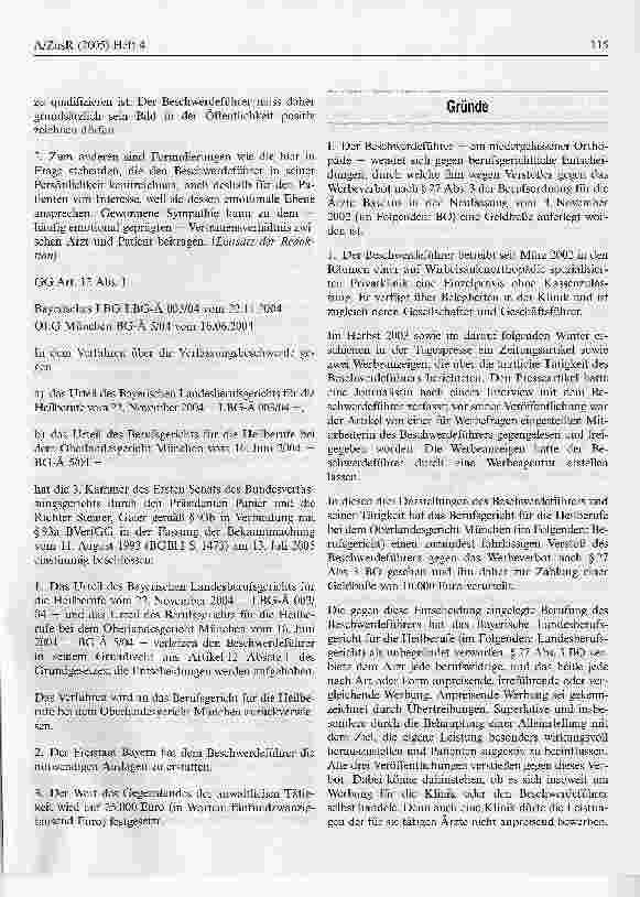 Vorschauseite 2: Liberalisierung des ärztlichen BerufsrechtsBundesverfassungsgericht, Beschluss vom 13. Juli 2005 - 1 BvR 191/05
