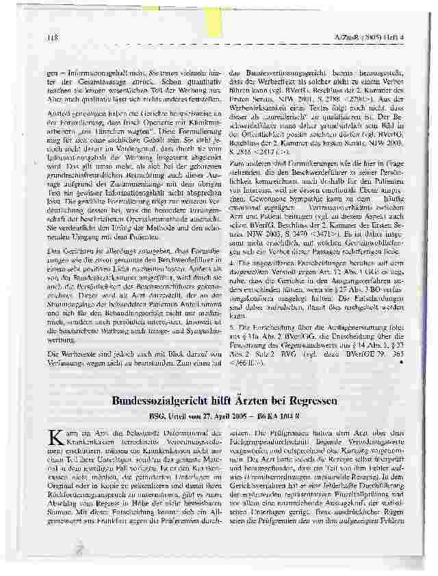 Vorschauseite 5: Liberalisierung des ärztlichen BerufsrechtsBundesverfassungsgericht, Beschluss vom 13. Juli 2005 - 1 BvR 191/05