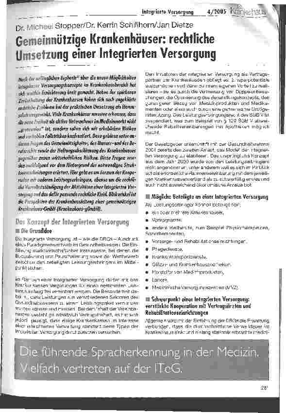 Vorschauseite 1: Gemeinnützige Krankenhäuser: rechtliche Umsetzung einer Integrierten Versorgung