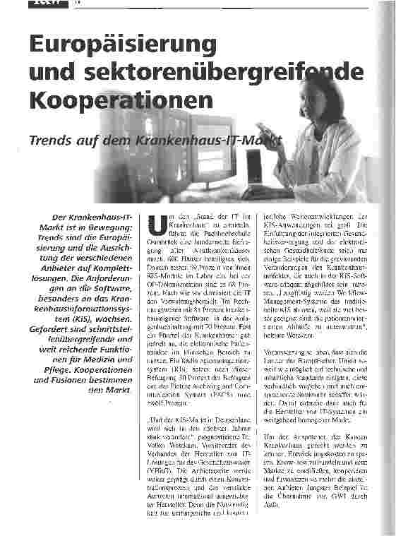 Vorschauseite 1: Europäisierung und sektorenübergreifende KooperationTrends auf dem Krankenhaus-IT- MarktKooperationen