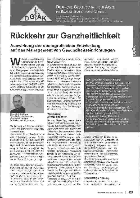 Vorschauseite 1: Rückkehr zur GanzheitlichkeitAuswirkung der demografischen Entwicklungauf das Management von Gesundheitseinrichtungen