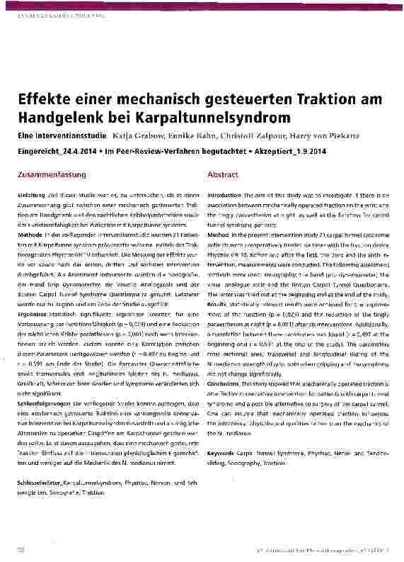 Vorschauseite 1: Effekte einer mechanisch gesteuerten Traktion am Handgelenk bei Karpaltunnelsyndrom