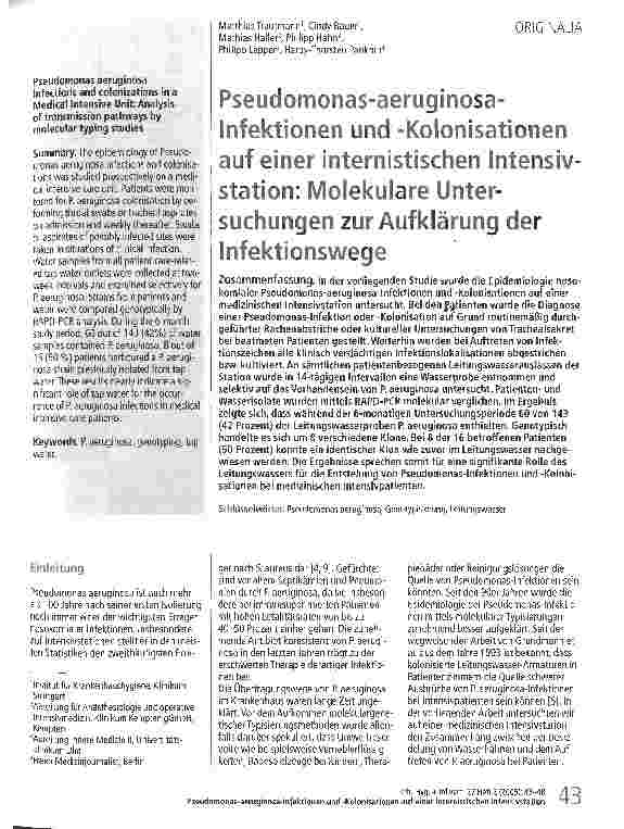 Vorschauseite 1: Pseudomonas-aeruginosa-Infektionen und -Kolonisationen auf einer internistischen Intensivstation: Molekulare Untersuchungen zur Aufklärung der Infektionswege