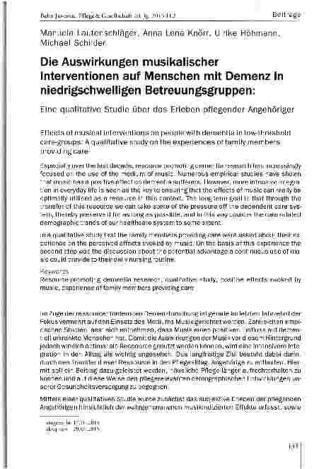 Vorschauseite 1: Die Auswirkungen musikalischer Interventionen auf Menschen mit Demenz in niedrigschwelligen Betreuungsgruppen: Eine qualitative Studie über das Erleben pflegender Angehöriger