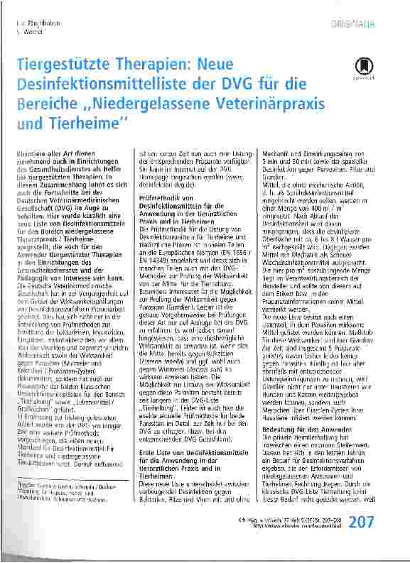 Vorschauseite 1: Tiergestützte Therapien: Neue Desinfektionsmittelliste der DVG für die Bereiche „Niedergelassene Veterinärpraxis und Tierheime